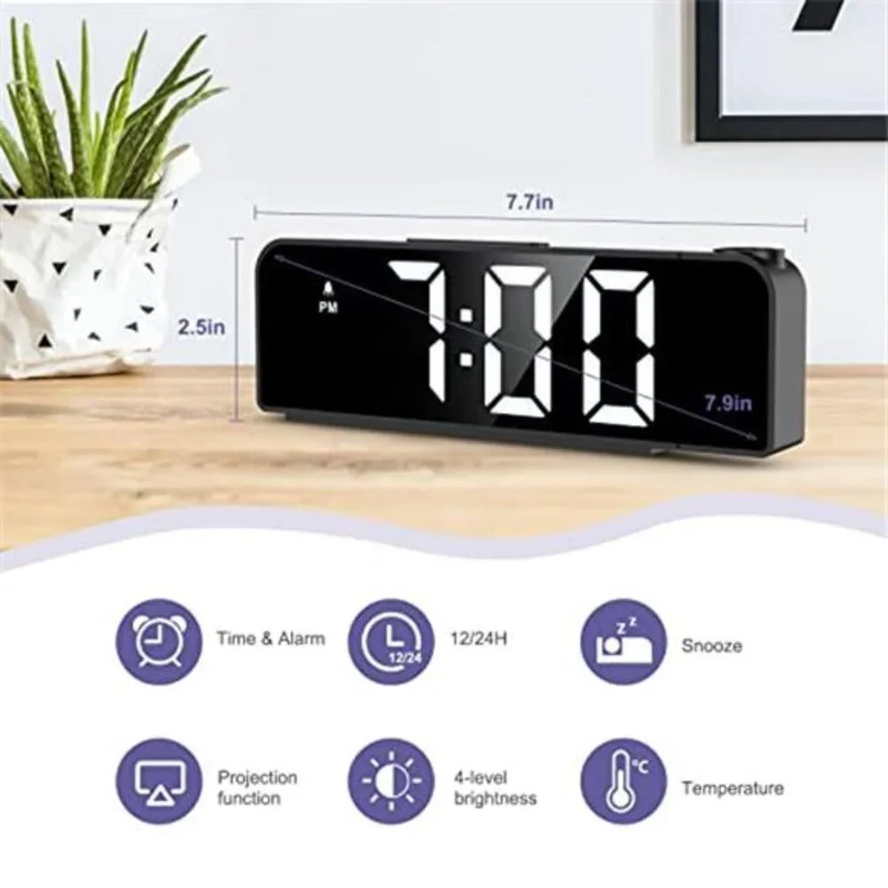 Projection Alarm Clock LED Digital Large Display USB Snooze Night Mode Clock